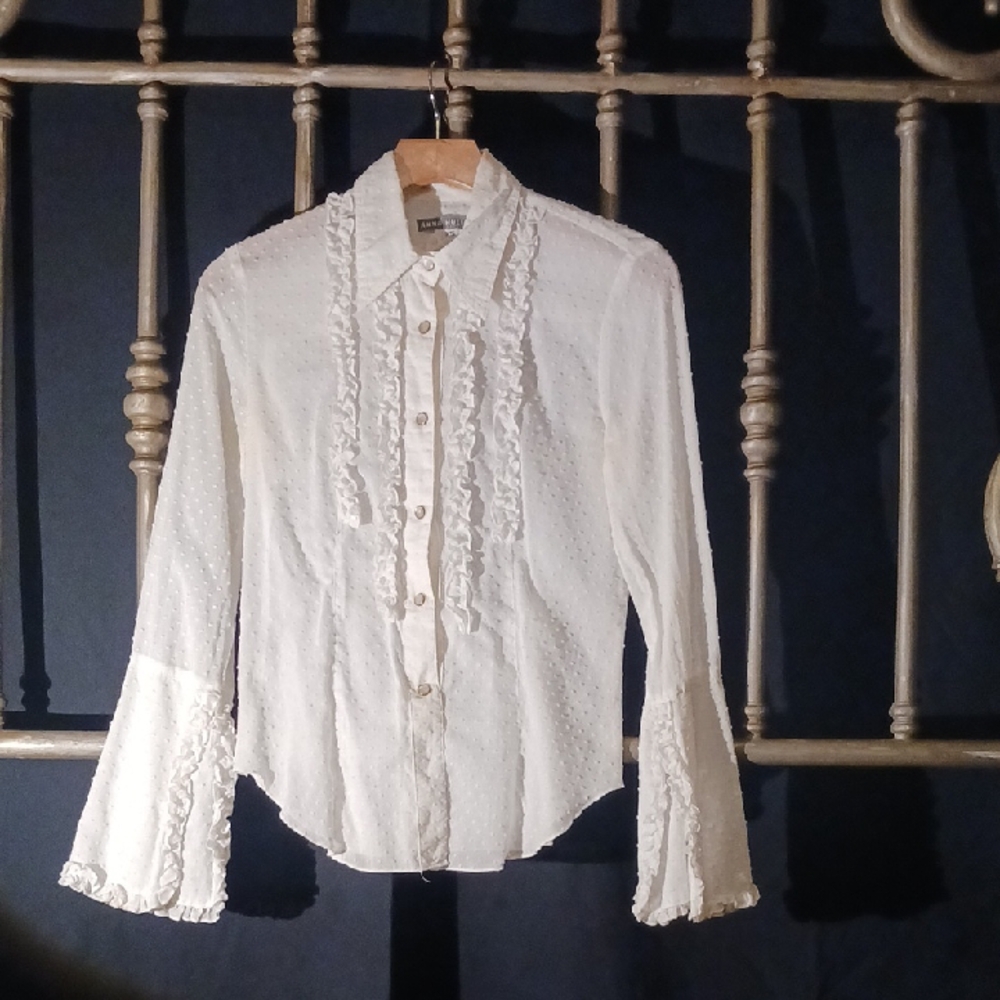 Anna Huling Cotton Voile Swiss Dotted Ruffle Blouse